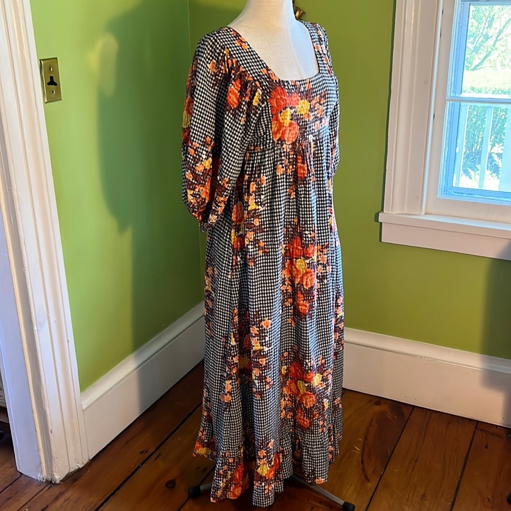 vintage 70s gingham & floral balloon sleeve dress w/ruffle